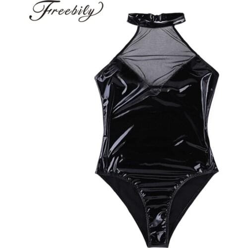 Women Sexy One Piece Swimsuits PU Leather Mesh Patchwork Bodysuits Swimwear Halter Backless Bathing Suit Beach Wear Swimsuit