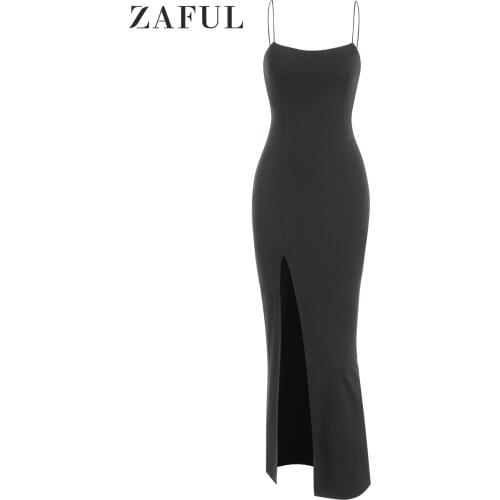 ZAFUL Summer Sexy Solid Dresses Women Sleeveless Cami Thigh Split Slinky Bodycon Maxi Dress Female Party Club Night Streetwear