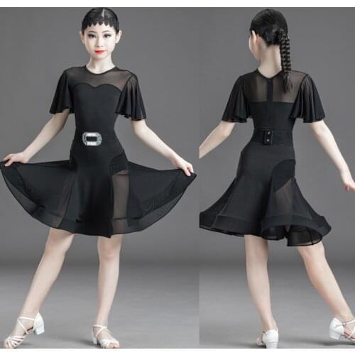 2020 New Children Latin Dance Dress Competition Costumes Sexy Female Black Mesh Professional Gymnastic Performance Latin Dress