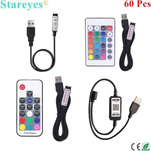60 Pcs DC5V USB LED RGB Controller Mini 3 Keys Dimmer IR 24 Keys RF 17 keys Bluetooth Wireless Remote Control for RGB LED Strip