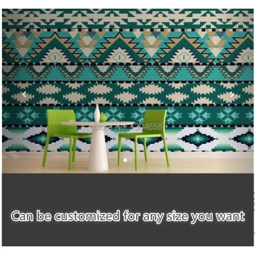 Free shipping custom large living room sofa bedroom wall mural wallpaper background Green Aztec Pattern Wall Mural silk fabric