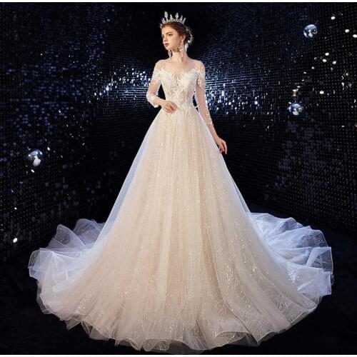 Sparkly Fashion Wedding Dress A Line Long Sleeves Lace Applique O Neck Glitter Tulle Bridal Gown Vestido De Noiva Robe De Mariee