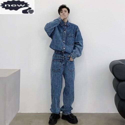 Autumn New Casual Overalls Men Vintage Multi-Pockets Blue Denim Cargo-Pants Single Breasted Long Sleeve Jumpsuit Streetwear