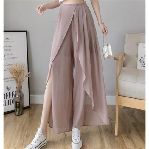 Limiguyue Summer Korean Fashion Elegant Split Ruffle Chiffon Pants Women Wide Leg Pants Chic Pleated High Waist Trousers K2104