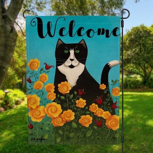 Two-sided Black Cat Flowers Welcome Garden Flag Banner with Windproof Rubber Stopper Clip 12.5''x18.5'' 32x47cm