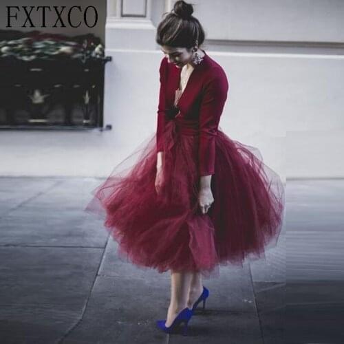 Elegant Burgundy Mid-Calf Tulle Skirts A-Line Ruffles Tiered Casual юбки Customized Womens Skirt Formal Party Wear mujer faldas