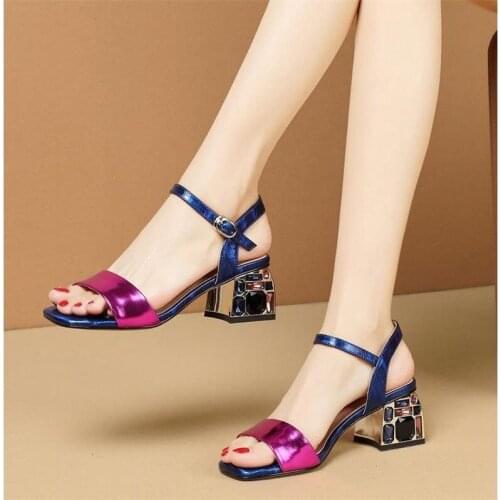 Elegant Ladies Colorful Rhinestone Sandals Summer 2021 Med Square Crystal Heels Party Wedding Shoes Woman Sandalias Mujer