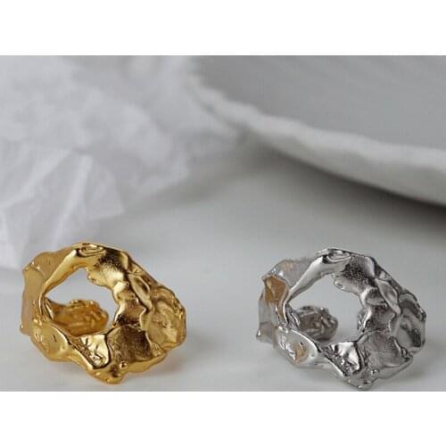 Irregular 925 Sterling Silver Fold Texture Ring Open Irregular Uneven Surface Hollowed Finger Ring Silver 925 Jewelry