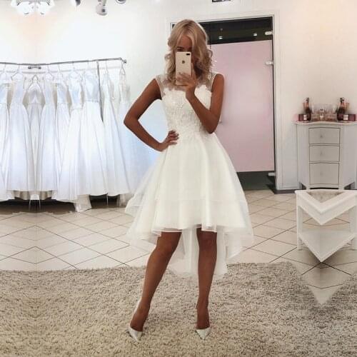 Short Wedding Dresses O-Neck Appliques Lace High Low Wedding Gowns Cute Bridal Dresses Custom Made White Ivory Princess