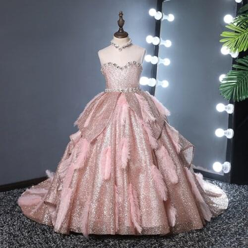 Flower Girl Dresses Illusion High Sleeveless Tulle Lace High Crystal Princess Floor-Length Luxury Pink Cute Kids Party Gown H582