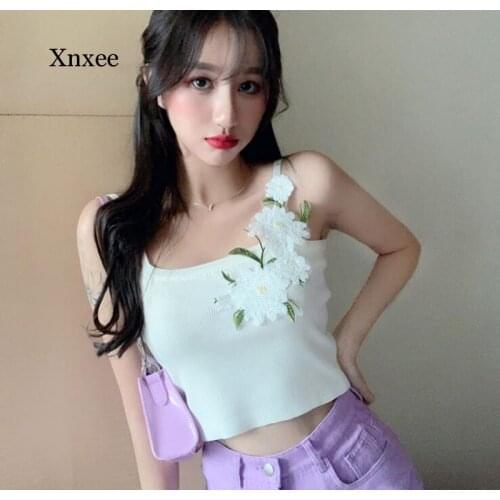 Summer Women Knitting Embroidery Sexy Flower Camis Tops Girls Sexy Daisies Crop Tank Sling Tops for Female Slim Clothing