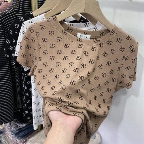 Summer Korean Version New Wild Thin Ladies Casual Retro Printing Short sleeve Short Slim Bottoming Tops