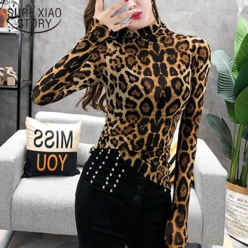 Fashion Women Long Sleeve Leopard Blouse Turtleneck Shirt Ladies OL Party Top Streetwear Blusas Elegante Plus Size Tops 7704 50