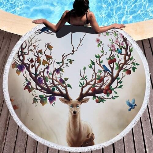 Printed fashion 3D White Flower Deer animal Beach Towel Microfiber Tassel Bath Towel Kid Adult cushion Yoga Mat Blanket Mandala