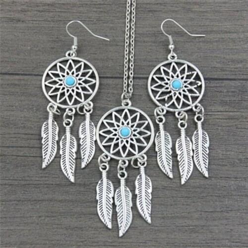 Fashion Bohemian Dreamcatcher Leaves Feather Pendant Necklace Earrings Jewelry Set