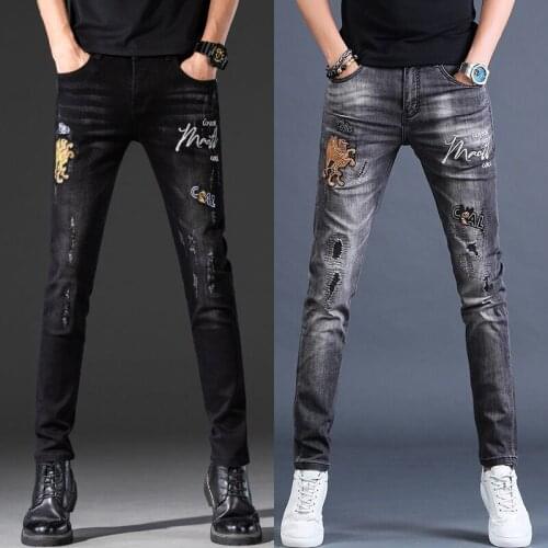 Men’s high quality stretch denim pants embroidery jeans slimming black jeans ripped gray jeans pants scratched casual jeans men