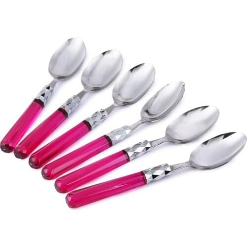 Acrylic Handle Pink Color 6'LI Platinum Dessert Spoon Set