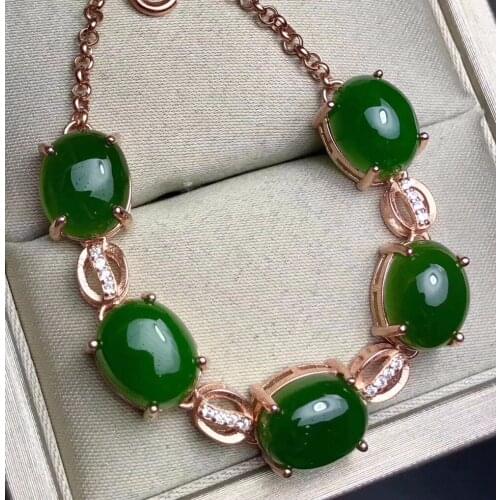 Natural Hetian Jasper chain bracelet Free shipping Natural real Hetian Jasper 925 sterling silver Fine jewelry 8*10mm 5pcs