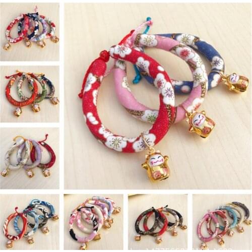 Pet Dogs Cats Collars Japanese Style With Maneki Feng Shui Fortune Lucky Cat Bell for Kitten Puppy Cloth Collar Adjustable 4size