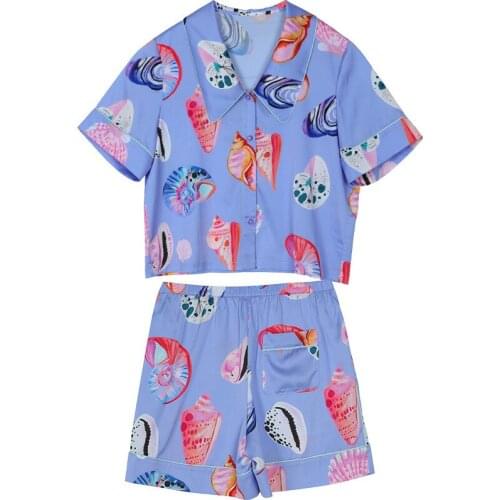 Marine Life Women Pajamas Sets 2PCS Sexy Turn-Down Shorts Pyjamas Suit Rayon Summer Sleepwear Loungewear Nightwear Home Wear