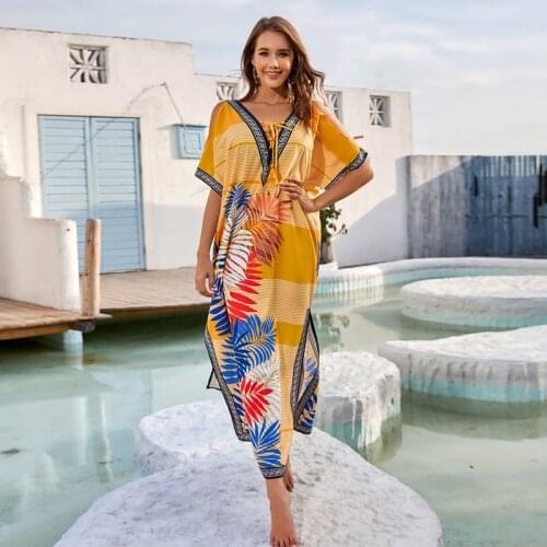 Palm Trees Pattern Dress Bohemia Beach Wearing Oasis Hawaii TropicalStyle Caftan Sexy Maxi Dress Bikini Cover Loose Vivid Kaftan