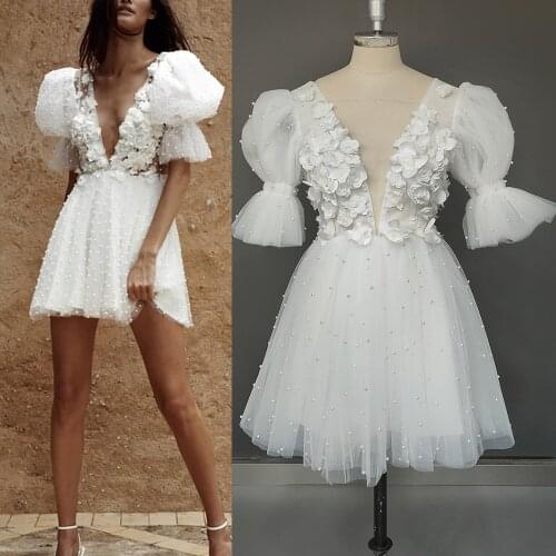 Mini Length 3D Flowers Appliques Wedding Danc Dress Half Lantern Sleeves Deep V-Neck Backless Pearls 2021 Bridal Bridesmaid Gown