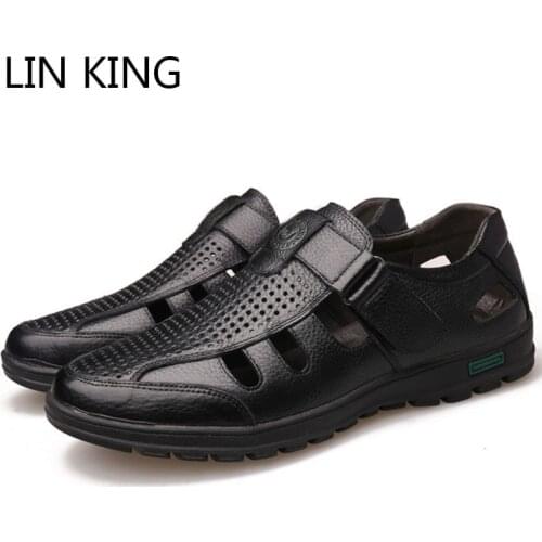 LIN KING Plus Size Fashion Genuine Leather Hollow Out Men Sandals Summer Casual Shoes Breathable Outdoor Man Sandals Beach Shoes
