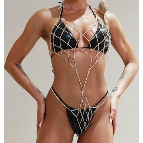 Sexy Siamese Bikini Body Chain Women Fashion Nightclub Backless Metal Hollowout Halter Bra Chain Dance Performance Jewelry