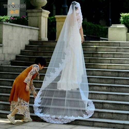 TOPQUEEN V68 Bridal Veils Wedding 500 Cm Lace Applique Edge Cathedral Wedding Veil High-end Swiss yarn Blusher Veil for Bride