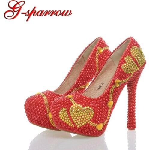 Unique Red Color Pearls Gold Rhinestone Heart Design High Heels Beautiful Banquet Nightclub Handmake Stiletto Partyprom Ceremony