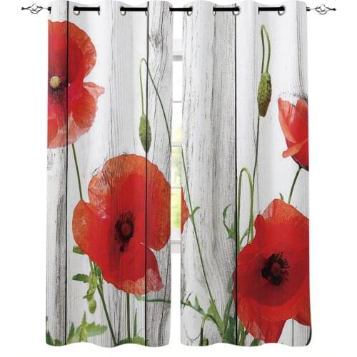 Vintage Wood Red Flowers Poppy Window Curtains for Living Room Bedroom Kitchen Modern Curtains Home Decoration Drapes Blinds