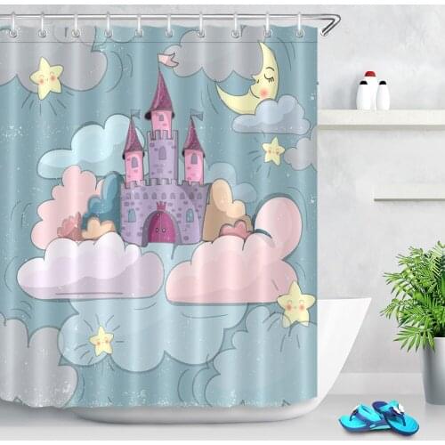 Cartoon Funny Star Fairy Tale Girl Clouds Castle Moon Shower Curtain Waterproof Custom Bathroom Fabric for Kids Bathtub Decor