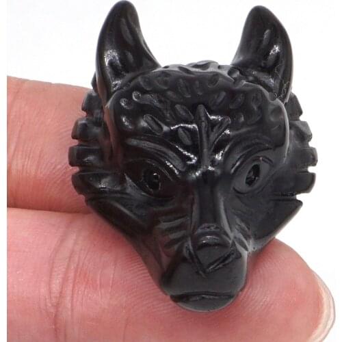 Wolf Head Pendant Natural Gemstone Black Obsidian Figurine Crystal Carved Reiki Healing Necklace Fashion Jewelry 1.5"