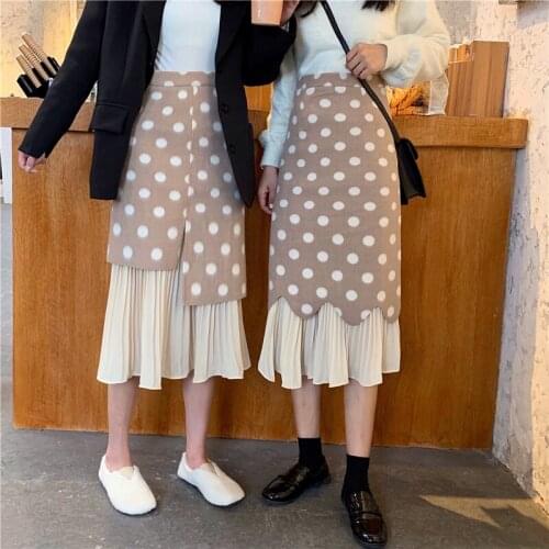 Ruffles Polka Dot Women Midi Skirt Autumn Korean High Waist Casual A-line Skirt Females Sweet Ruffles Patchwork Thick Skirts