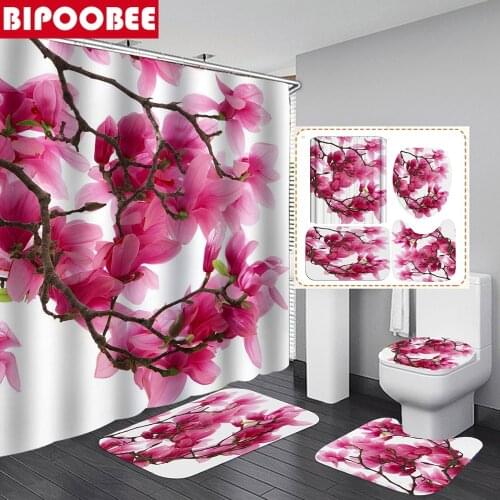 High Quality Shower Curtains Plum Blossom Print Bathroom Curtain Set Pedestal Anti-slip Carpet Toilet Cover Floor Mat Bath Rugs