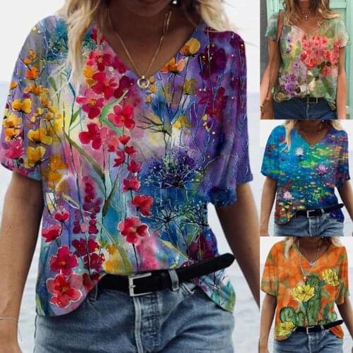 Floral Shirt for Women Plus Size T-shirt Ladies Print Blouse Short Sleeve V-neck Casual Tops