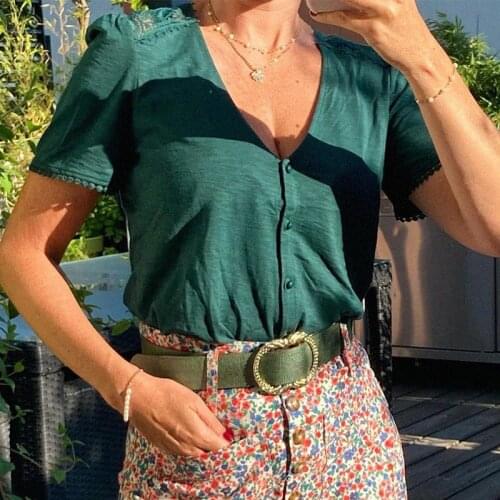 Lace T-shirt Short Sleeve V Neck Hollow Out Patchwork Puff Sleeve Buttons Shirt Elegant Vert Retro Chic Hauts Women Casual Top