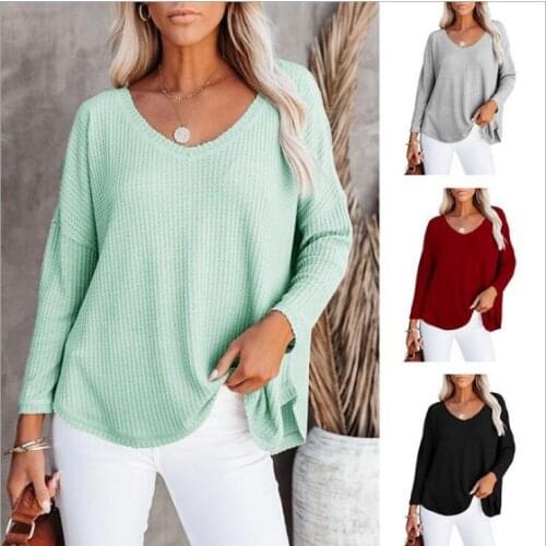 Womens Wear Autumn Solid Cool Top T-Shirt New V-Neck Long Sleeve Casual Loose T-shirt Holiday Travel Breathable T-shirts