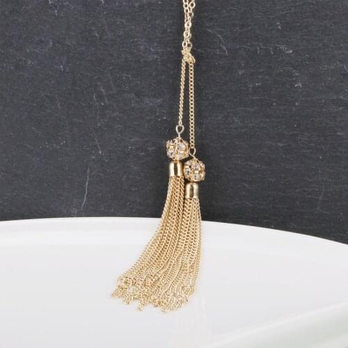 Shiny Crystal Rhinestone-inlaid Geometric Ball Pendant Tassel Necklace Women Long Golden Clavicle Chain Winter Sweater Jewelry