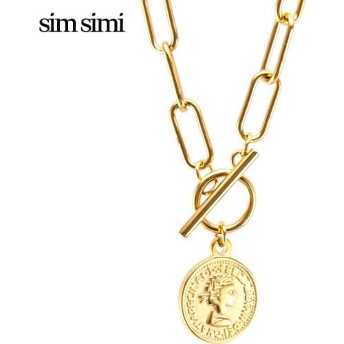 Golden Vintage Engraving Coin Necklace Stainless Steel Long O Chain Medal Pendant Women Necklace