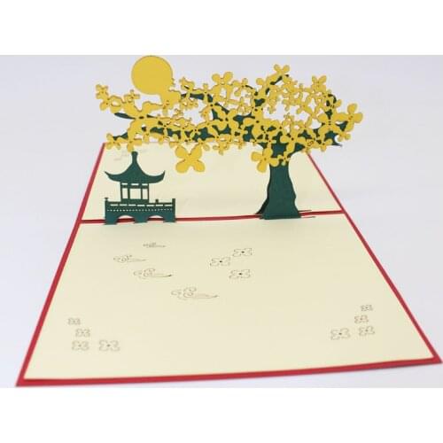 3D Handmade Chinese Style Pavilion Under The Moon Paper Invitation Greeting Cards with Envelope Business Tourism Creative Gift