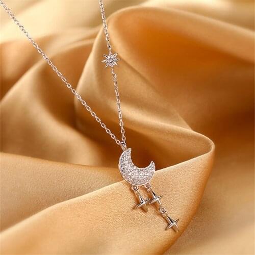 925 Sterling Silver Tassel Moon Star Charm Pendants Necklace For Women Girls Statement Party Korean Jewelry dz519