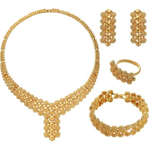 African Gold Color Jewelry Sets for Women Accessories Wedding Bridal Pendant Necklace Earrings Ring Set