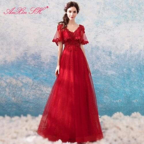 AnXin SH luxury bride red lace ruffles vintage princess v neck beading crystal illusion party flower red evening dress 886t