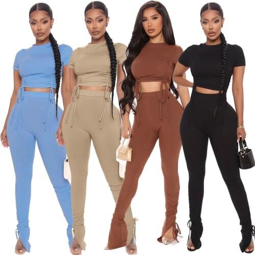 Pant Suits 2 Piece Sets Womens Outfits Summer Solid Folds Crop Top Shirring Trousers Slit High Waist Casual Pencil Pants Set