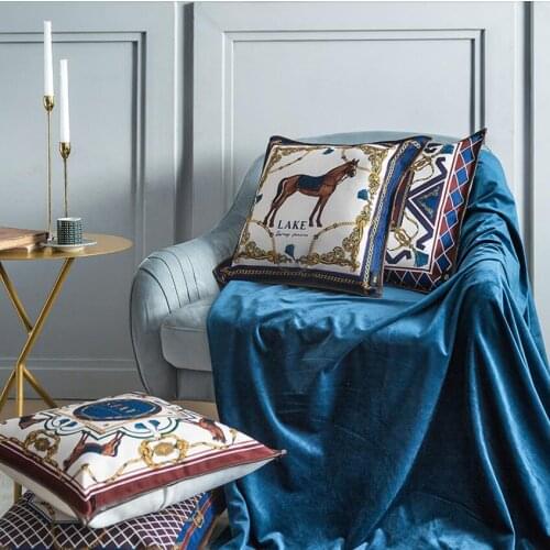 European American Luxury Printed Cushion Cover Horse Pattern Velvet Pillowcase Lumbar Pillow Cover Home Sofa Villa Palace Decor