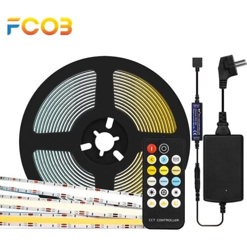 FOB COB Led Lights RA90 Warm White with White DC 24V RF 17 Keys Dimmable FCOB CCT LED Light Strip Full Set High Density Flexible