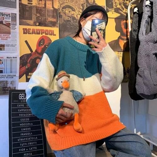 Korean Version Of Autumn And Winter Womens All-match Stitching Sweater Oversized Loose Round Neck Pullover Em