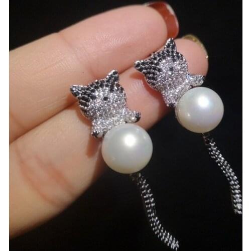 Korean Style Stylish Cute Cat Earrings Imitation Pearl S925 Silver Needle Crystal Eardrop Jewelry