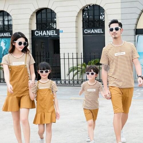 Summer Family Matching Outfits Clothing Sets Casual Striped Shirt Strap Dress Mother Daughter Sets Father And Son T-shirt Shorts
